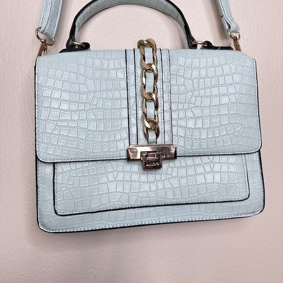 Aldo Glenda Croc Embossed Light Blue Satchel Gold Hardware Detail Shoulder Bag - Picture 2 of 12